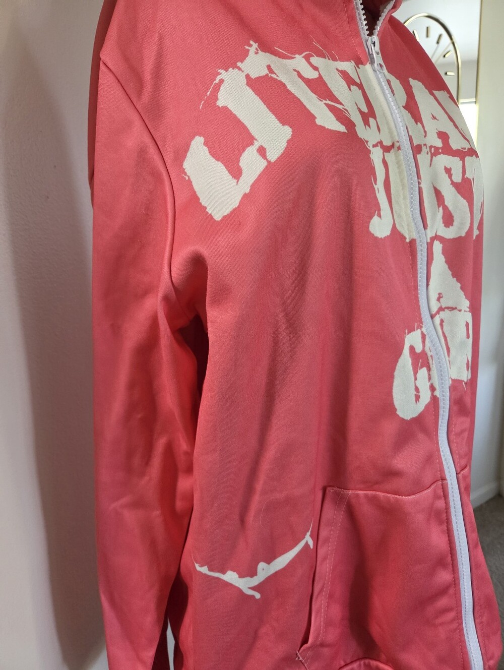 Womens Literally Just A Girl Graphic Pink White Hoodie Zip Up Size XL - Picture 4 of 9